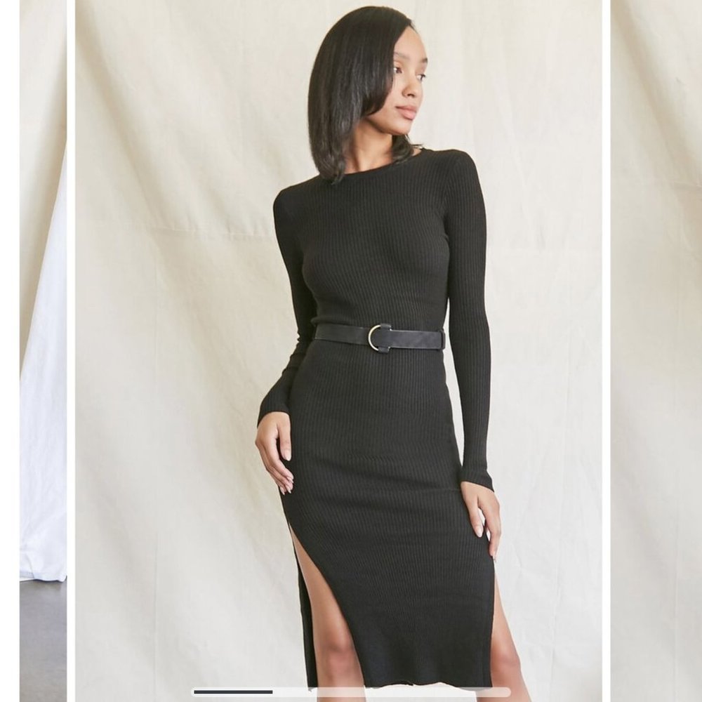 Ribbed Knit Belted Midi Side Slit Long Sleeve Dress L - New without Tags
